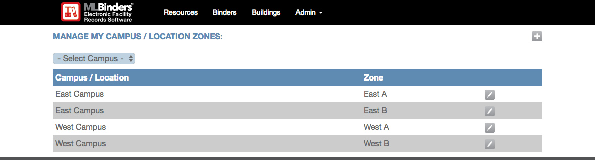 ML Binders Software's Manage Campus/Location Zones screen