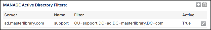 Manage active directory filters page.