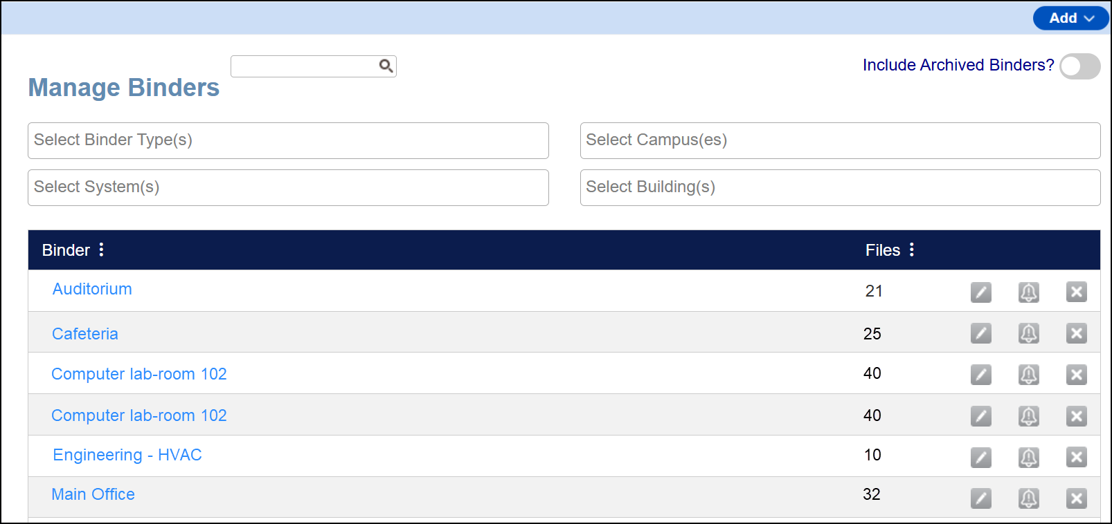Manage binders page.
