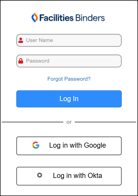 Facilities Binders login page.