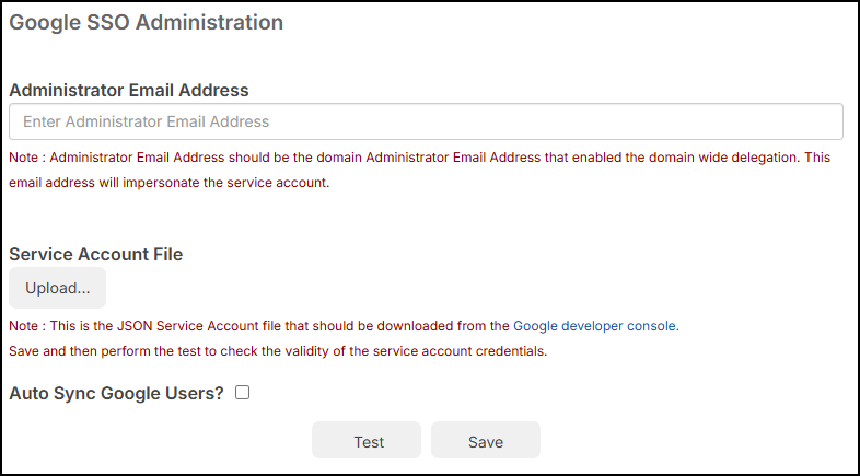 Google SSO Administration page.