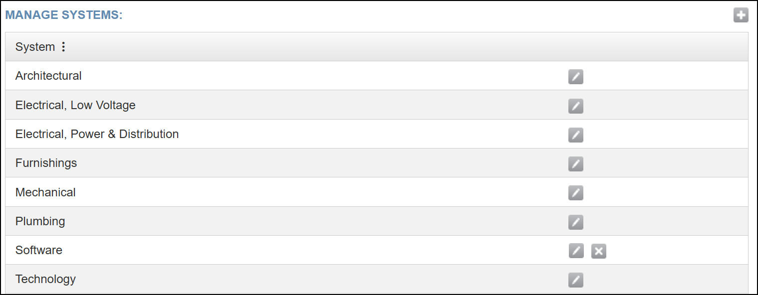 Manage systems page.