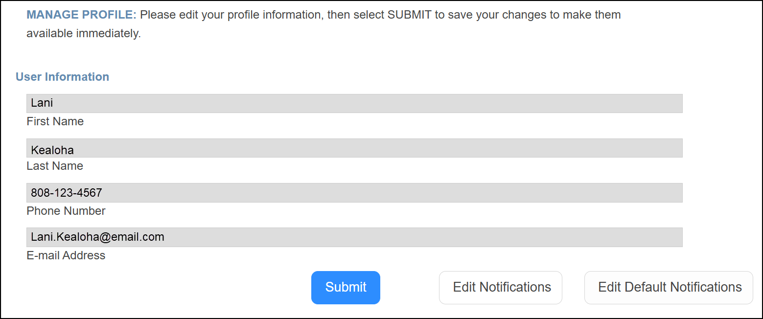 Manage profile page.