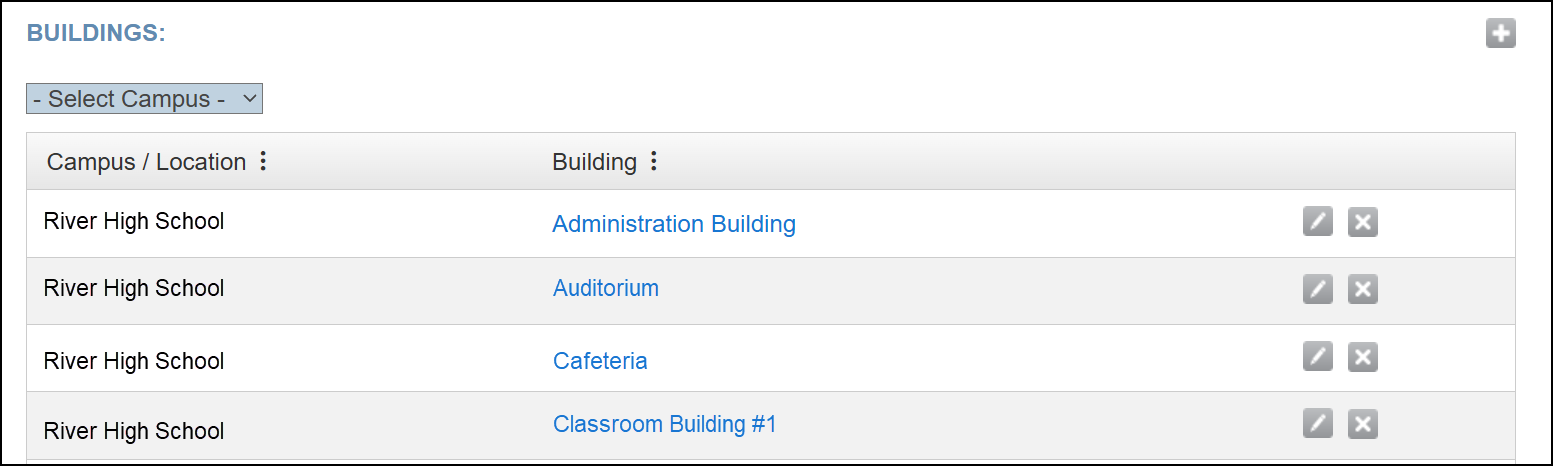 Manage buildings page.