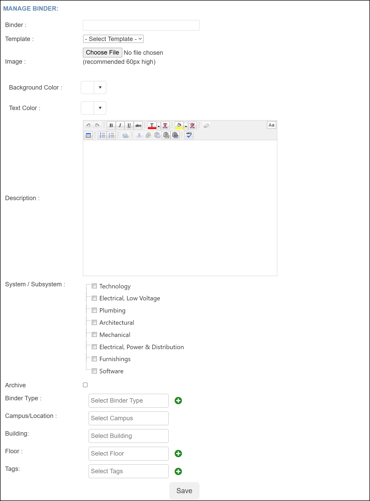 Manage binder pop-up